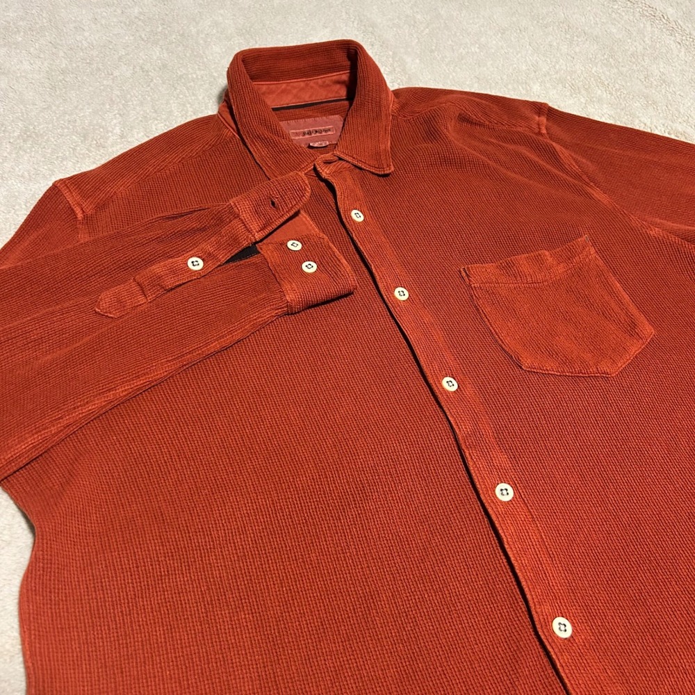 32 Bar Blues Button Down Linen Shirt Mens XL Orange Waffle Knit Long Sleeve